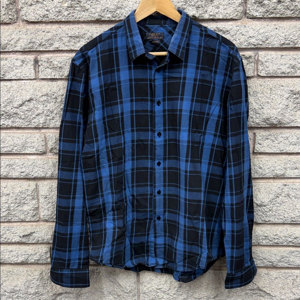 Zara Men's Blue and Black Checkered Shirt